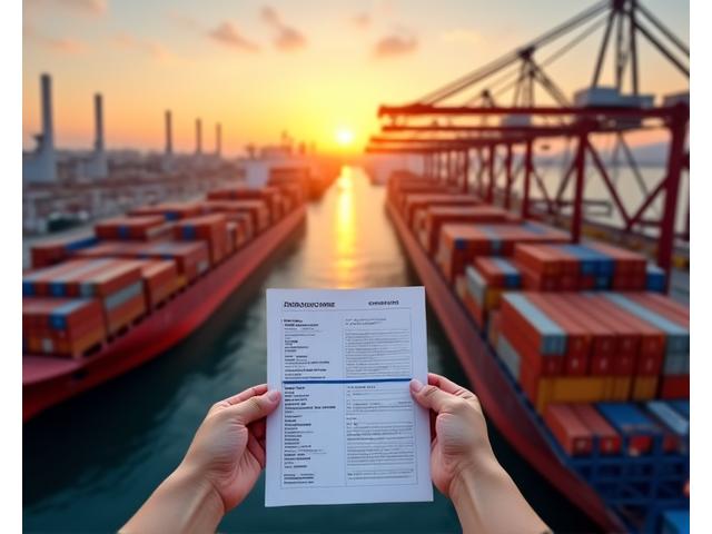 Contenedores de envío en un puerto con barco de carga y grúas